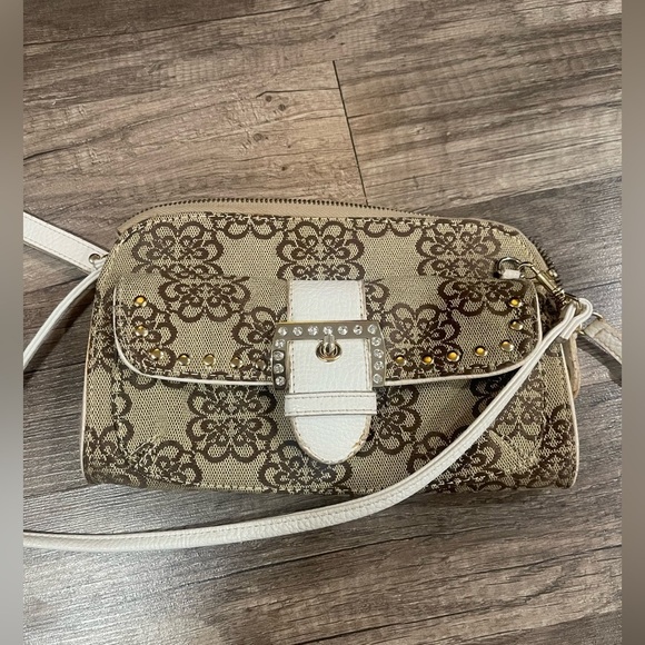 Kathy Van Zeeland Y2K monogram wallet bag Pochette crossbody tan canvas buckle - Picture 1 of 9